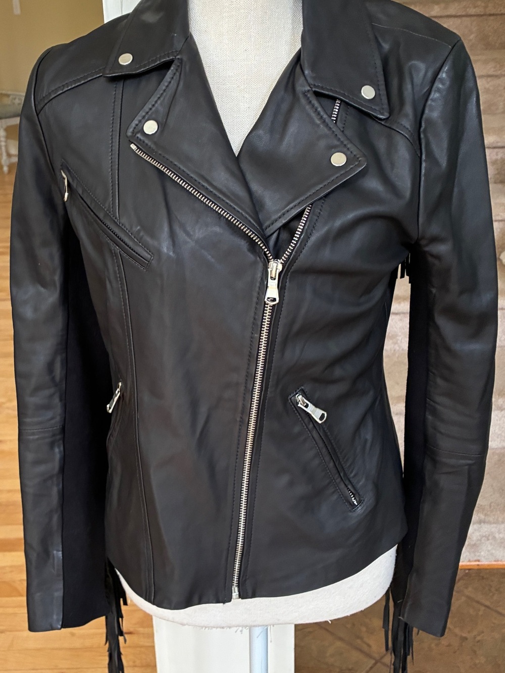 Trouve Black Genuinely Leather Moto Jacket with Fringe